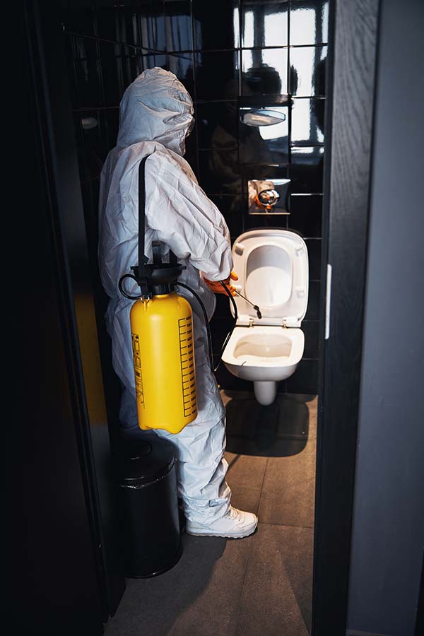 BlueStar Janitor cleaning a bathroom with disinfectant